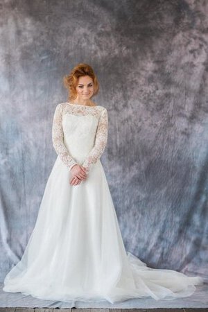 Abito da Sposa Originale con Maniche Lunghe in Organza Naturale Coda A Strascico Cappella