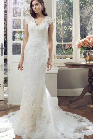 Abito da Sposa Tubino con Manica Corte con Applique V-Scollo Naturale