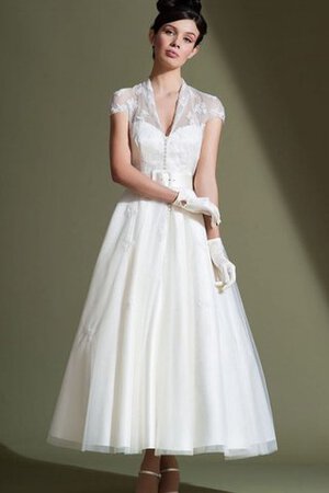 Abito da Sposa V-Scollo con Manica Corte Semplice con Applique A-Line