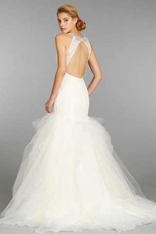 Abito da Sposa in Pizzo in Organza Stravagante Bassa Spazzola Treno