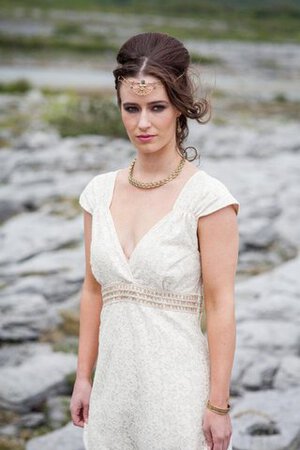 Abito da Sposa con Perline Cappellino V-Scollo Alta Vita in Pizzo