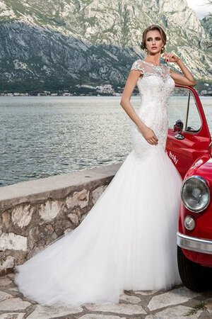 Abito da Sposa Allacciato Naturale con Manica Corte Coda A Strascico Corto decorato