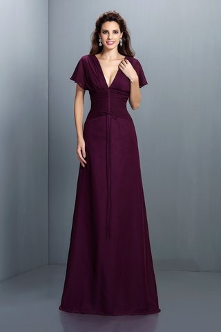 Abito da Sera Lungo con Manica Corte in Chiffon A-Line V-Scollo