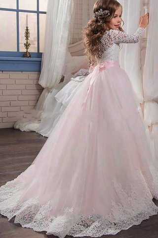 Abito da Cerimonia Bambini in Pizzo decorato in Tulle A Terra con Maniche Lunghe