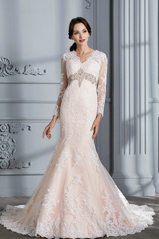 Abito da Sposa con Perline Spazzola Treno Sirena V-Scollo in Organza