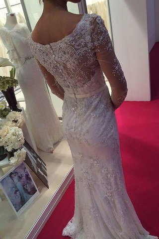 Abito da Sposa in Chiffon Tondo Spazzola Treno con Maniche Lunghe in Pizzo