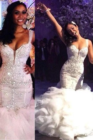 Abito da Sposa Spazzola Treno Senza Maniche Sirena Largo Bretelle in Organza