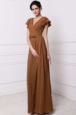 Abito da Damigella Cerniera in Chiffon con Manica Corte con Piega V-Scollo