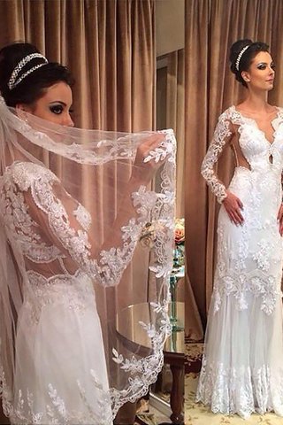 Abito da Sposa Spazzola Treno Tubino V-Scollo con Maniche Lunghe Naturale