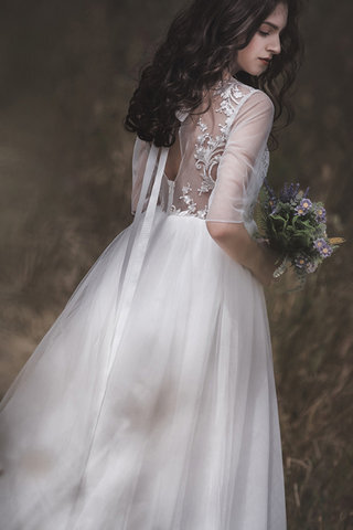 Abito da sposa con fiocco vintage in pizzo pomposo cerniera eccitante