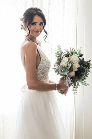 Abito da sposa in pizzo con piega a terra a-line carino seducente