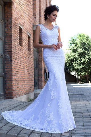 Abito da Sposa con Applique V-Scollo Sirena Coda A Strascico Cappella Lunghi