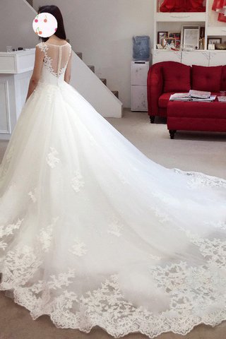 Abito da Sposa in Tulle con Applique Naturale Coda A Strascico Corto Allacciato