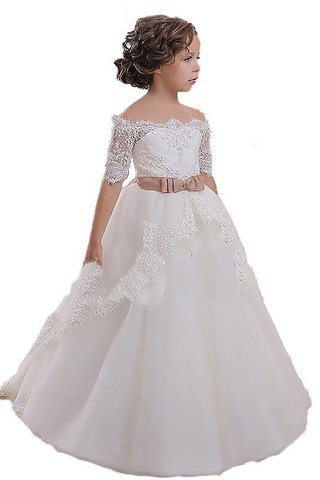 Abito da Cerimonia Bambini Naturale Ball Gown in Tulle con Fusciacca A Terra