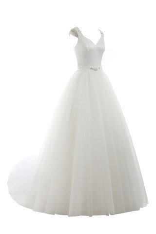 Abito da Sposa A-Line con Bottone Oscillare Naturale Pudica