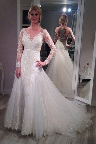 Abito da Sposa Spazzola Treno in Paillette con Maniche Lunghe in Tulle con Paillette