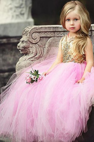 Abito da cerimonia bambini ball gown naturale con fiore senza maniche modo in paillette