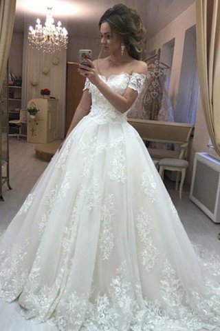 Abito da sposa a terra moderno spazzola treno fuori dalla spalla con applique dolce